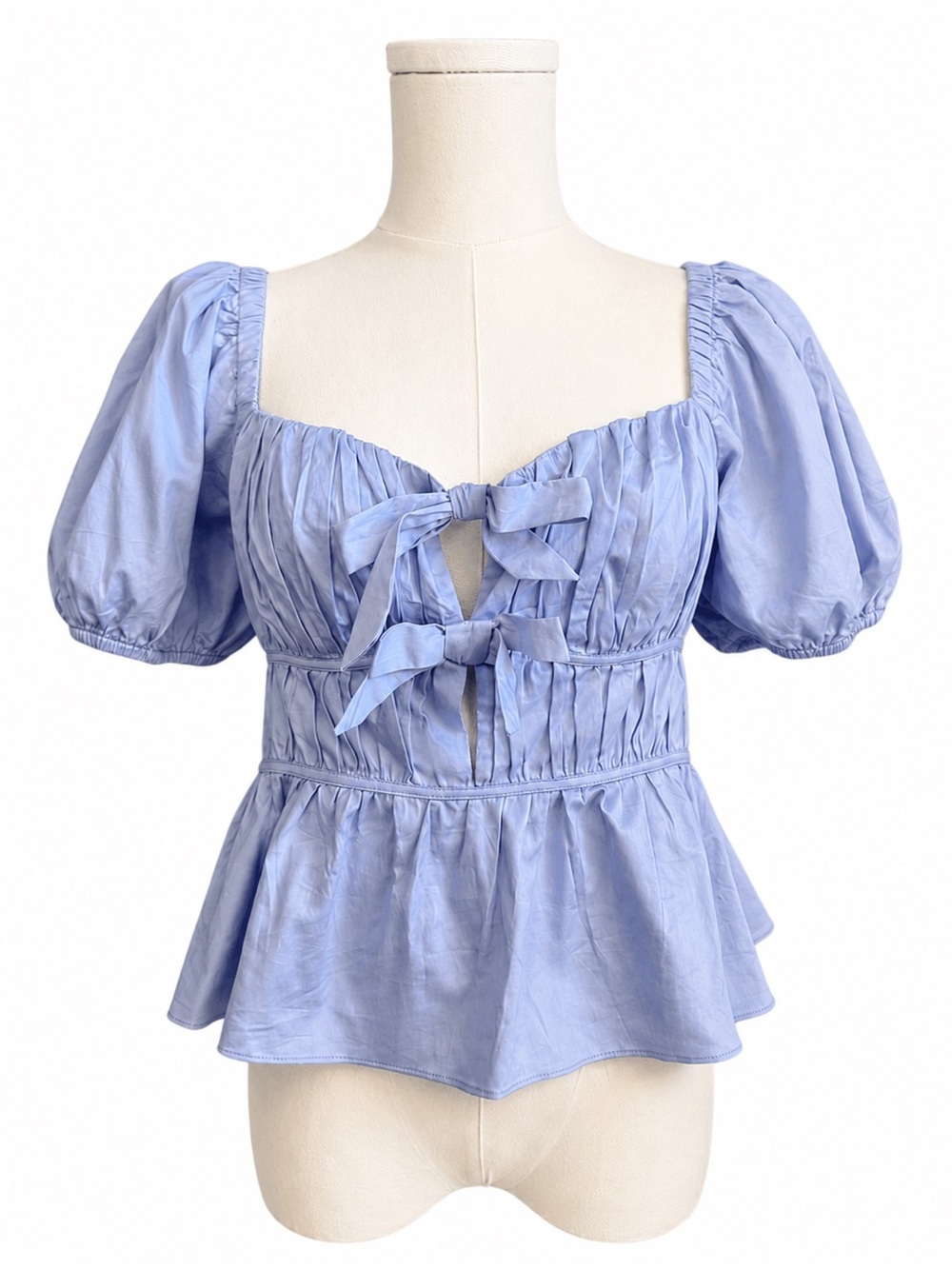 Astr Light Blue Puff-Sleeve Bow Front Peplum Top Size Medium